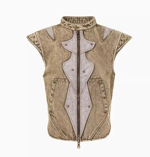 Men's picture colour cotton denim vest with pleated design in Korean style, laid flat.