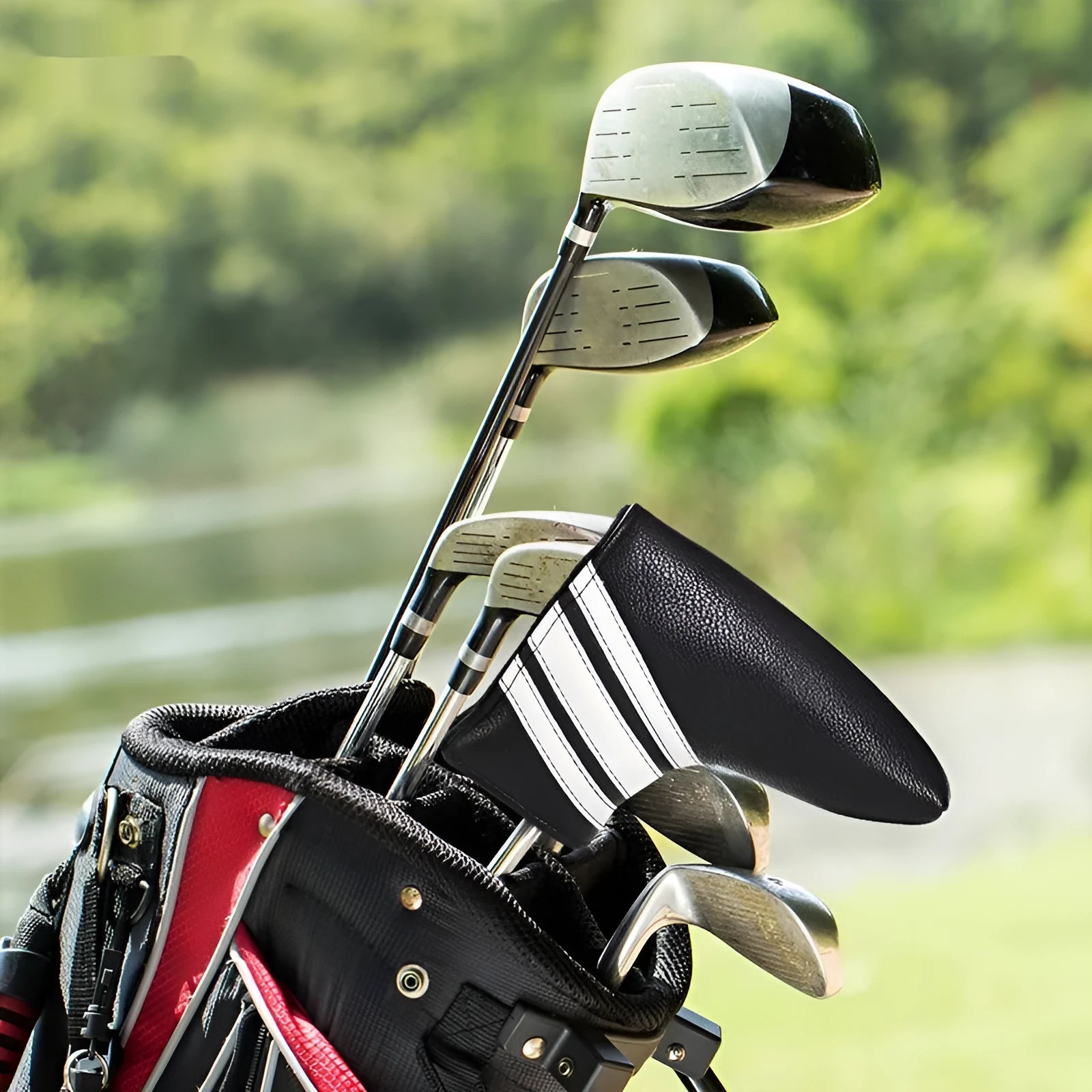Black PU leather golf club head cover or push rod sleeve for putter protection.