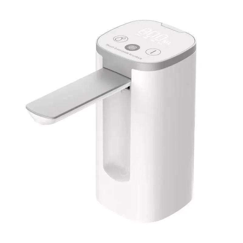 White folding bucket table water dispenser pump with LCD touch screen and silicone tube.