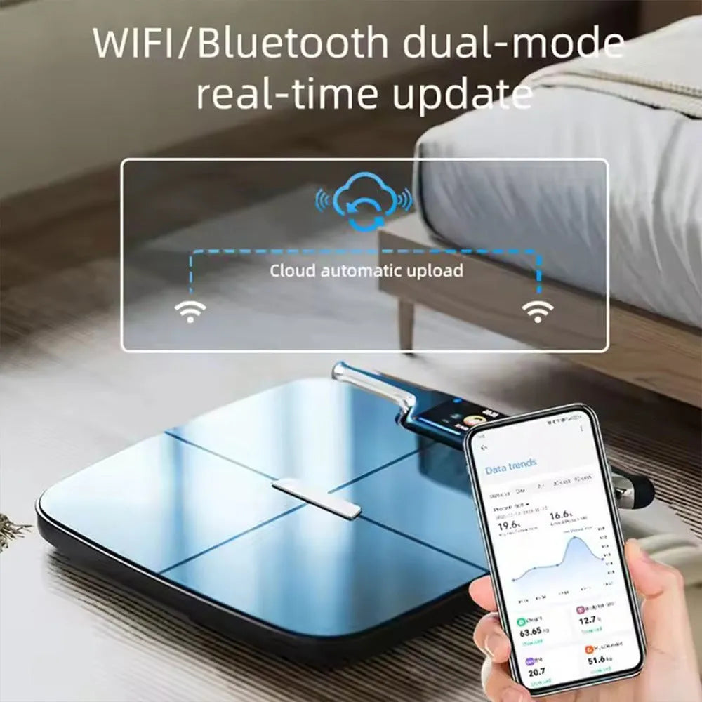 Black square eight-electrode intelligent body fat weighing scale on a floor