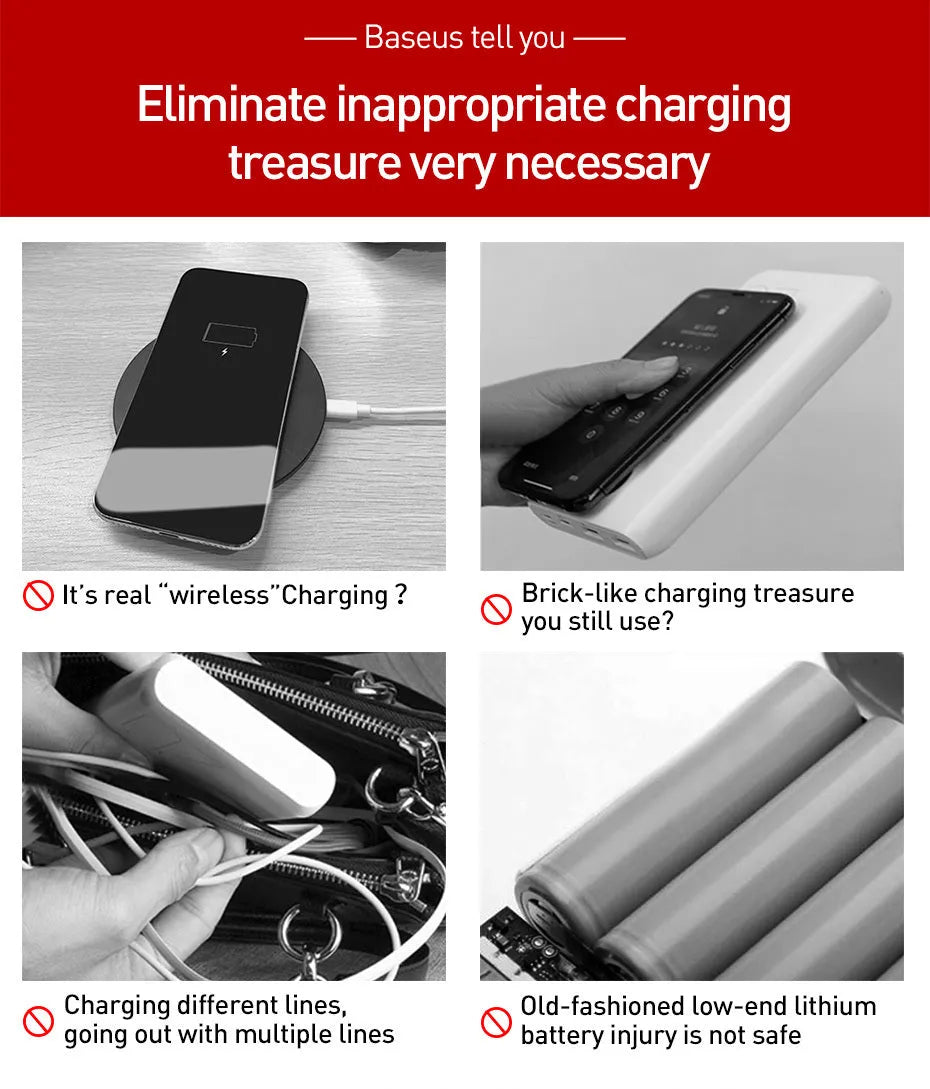 Small square black portable power bank with wireless charging surface and digital LED display.