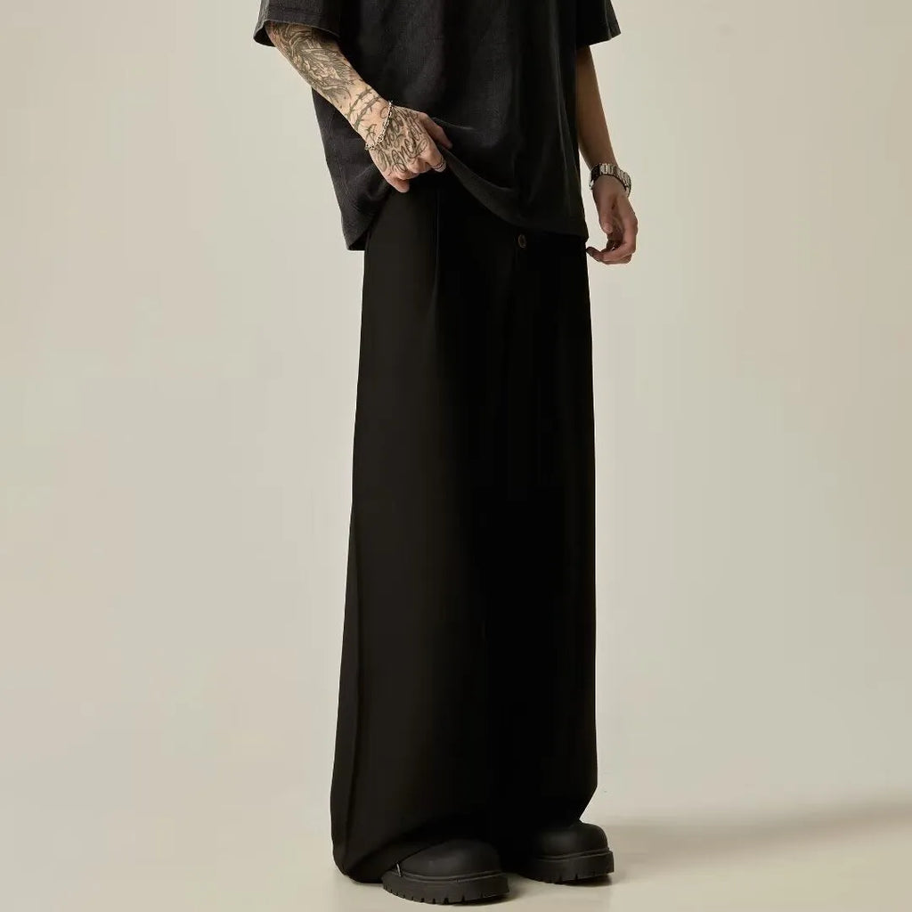 Men's solid colour vertical tube wide-leg casual trousers in black or brown with a mid waist