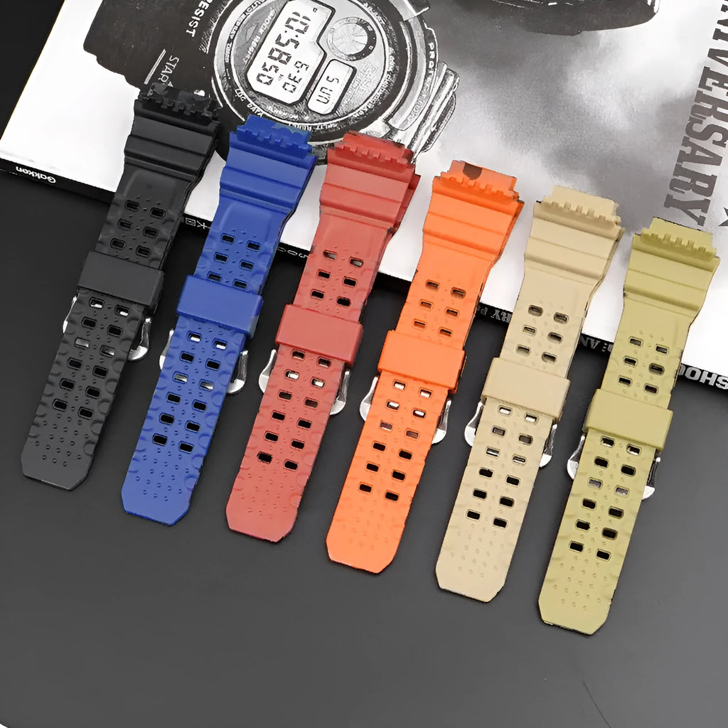 TPU camouflage pattern watch strap with silver buckle on a grey background.