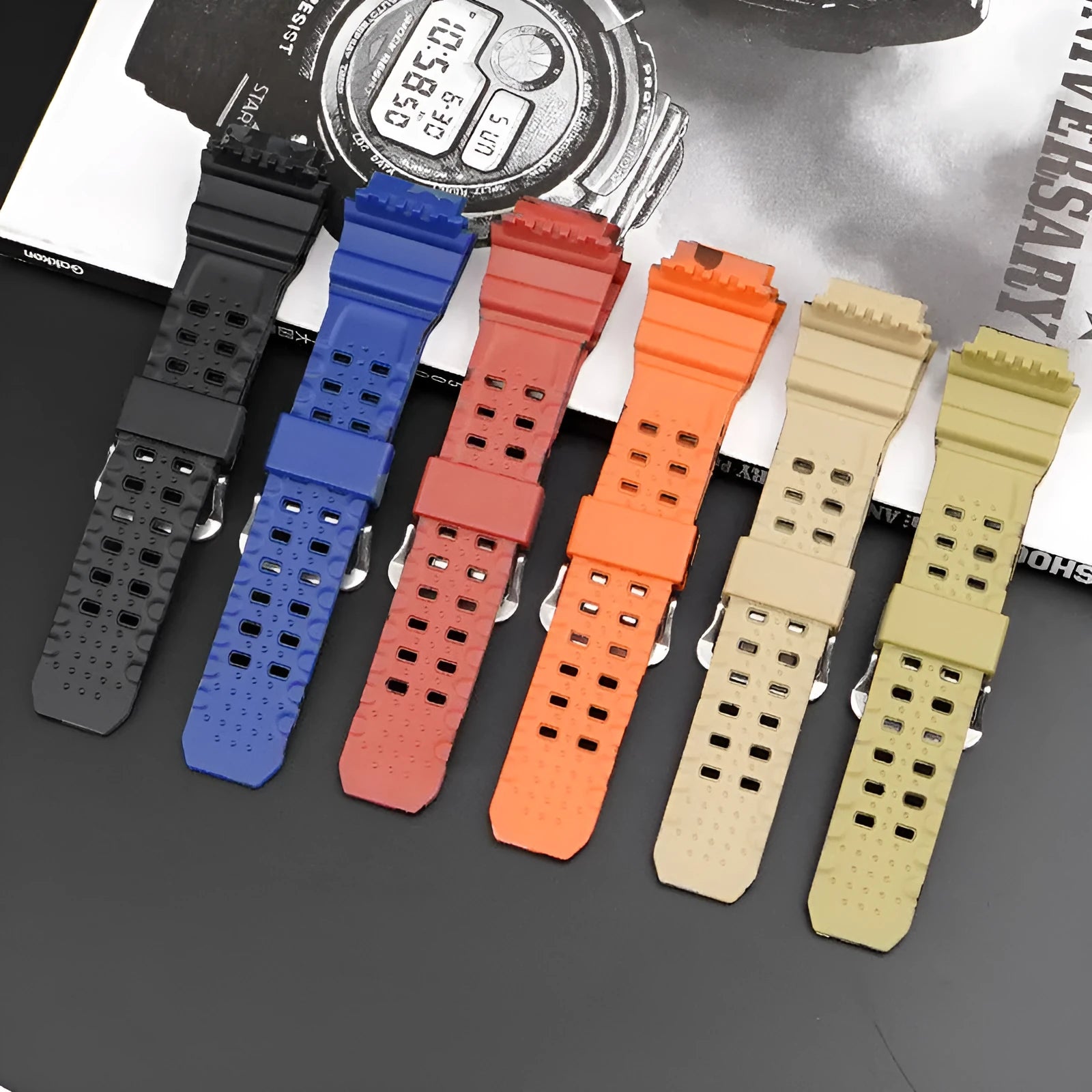 TPU camouflage pattern watch strap with silver buckle on a grey background.
