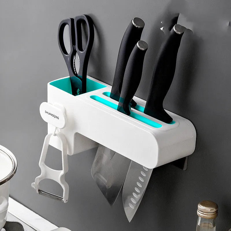 White plastic kitchen knife rack with modern simple design on countertop