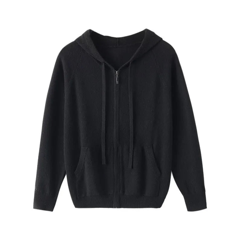 Man wearing a solid colour cashmere knitted cardigan with a zipper and hood.