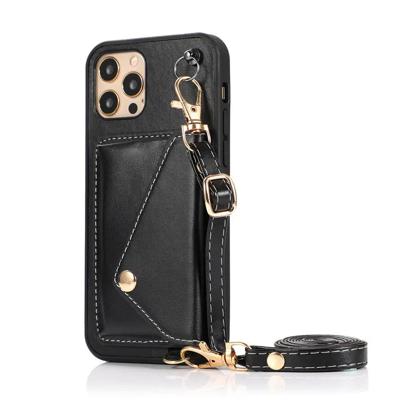 Leather phone case with card holder and crossbody rope for iPhone in khaki colour