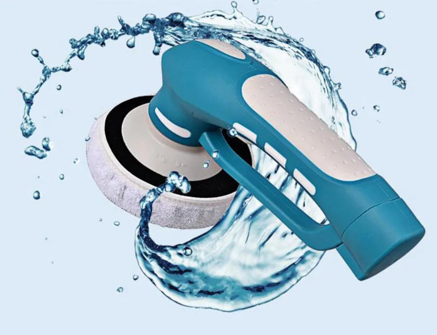 Blue 3.6V rechargeable car polishing machine with mechanical buffer pad on a garage workbench