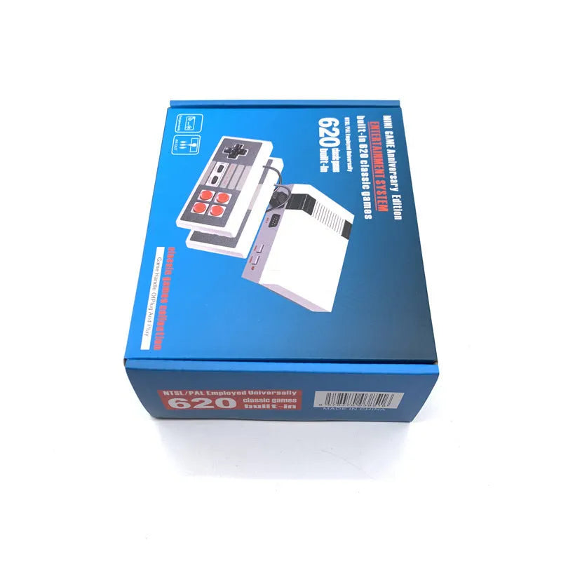 Compact black NES 8-bit retro game console with two classic controllers on a white background.