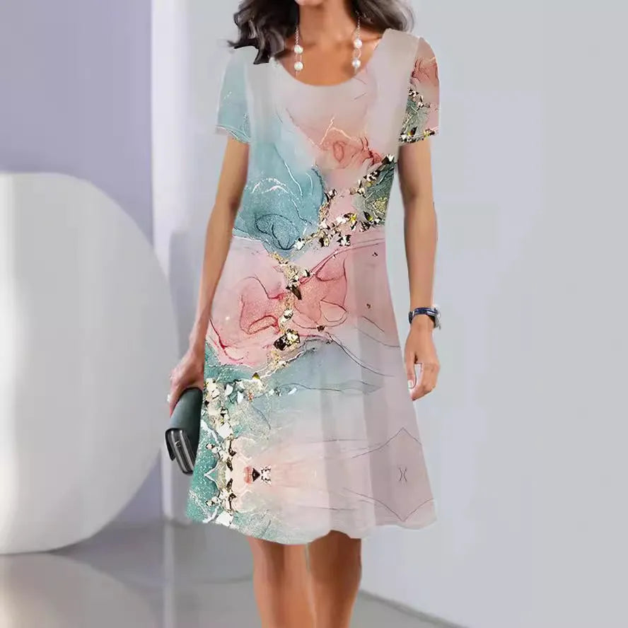Women's short sleeve A-line midi dress with painted botanical print in a fresh and sweet style.