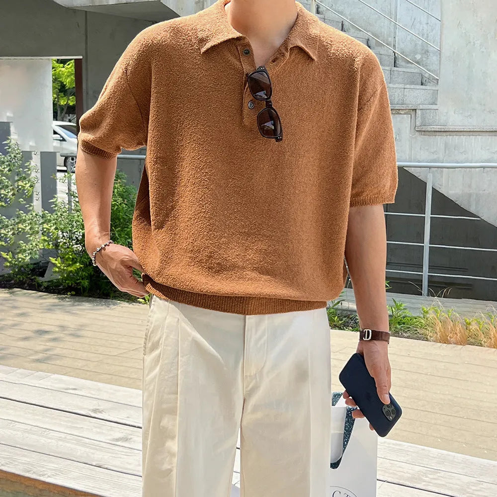 Retro loose-fit knitted polo shirt for men in caramel colour, showing asymmetric design and short sleeves.