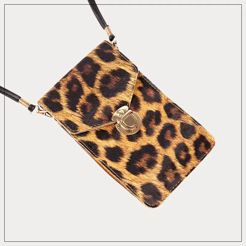 Retro leopard print PU leather phone bag for 5 inch smartphones with lock closure and crossbody strap