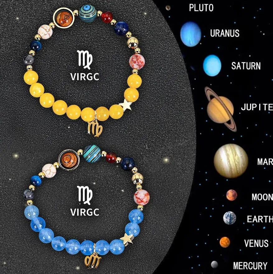 Two zodiac beaded bracelets with 8mm stone beads and silver zodiac charms on an elasticated cord.