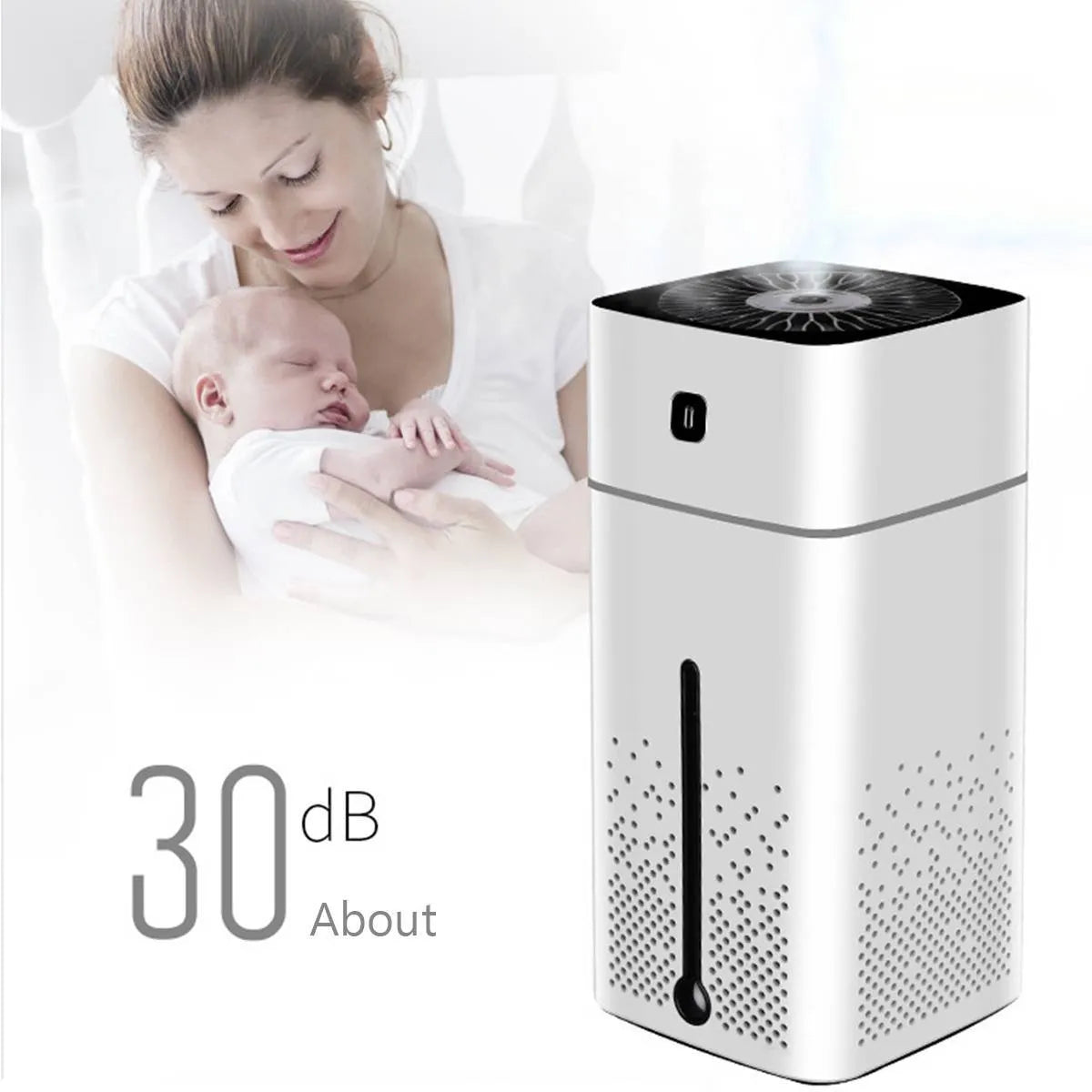Black and white desktop USB humidifier with 1000ml water tank on a wooden desk.
