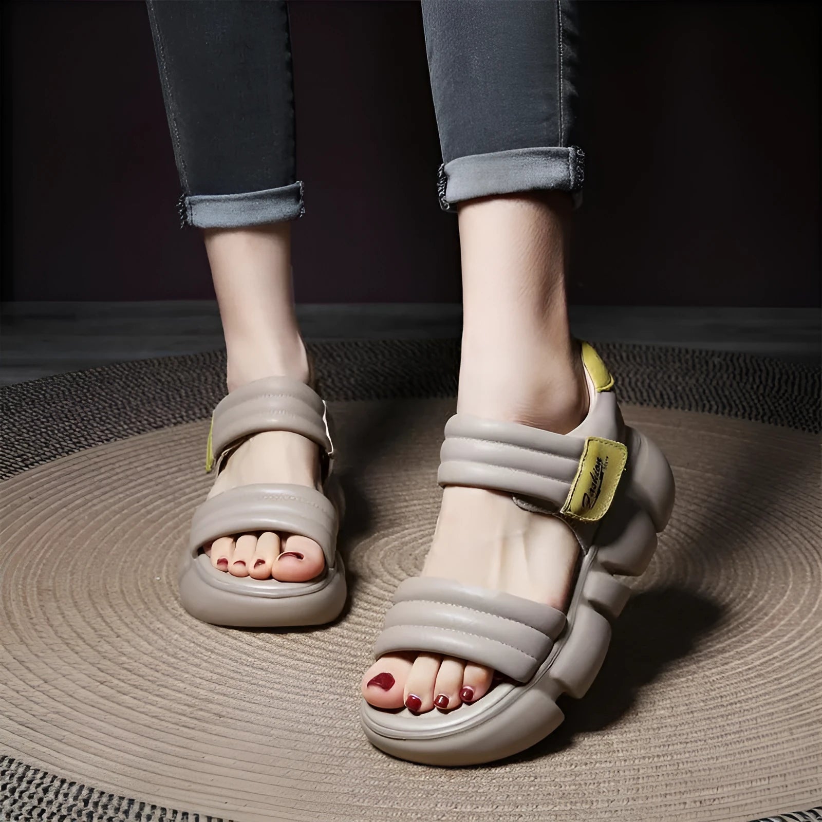Open toe platform wedge sandals in beige with round toe, Velcro strap, and non-slip rubber sole