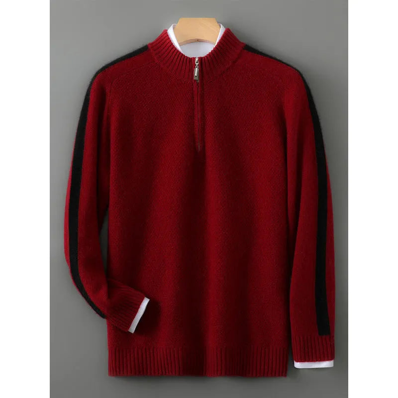 Slim-fit half-zip sheep wool sweater in grey, shown on a hanger.