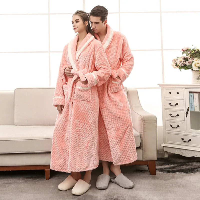Thick winter couple bathrobe solid colour long sleeve unisex home comfort robe in black