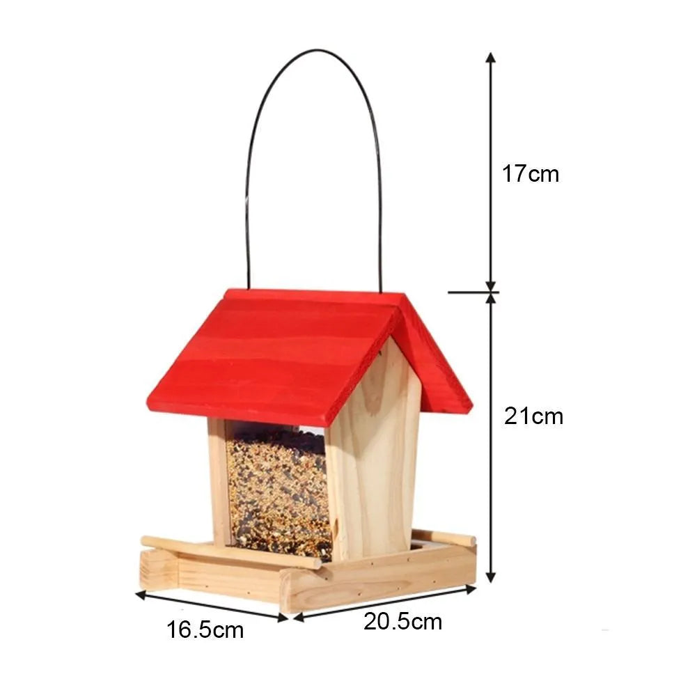 Suspended pine wood bird feeder with a red roof and log texture.