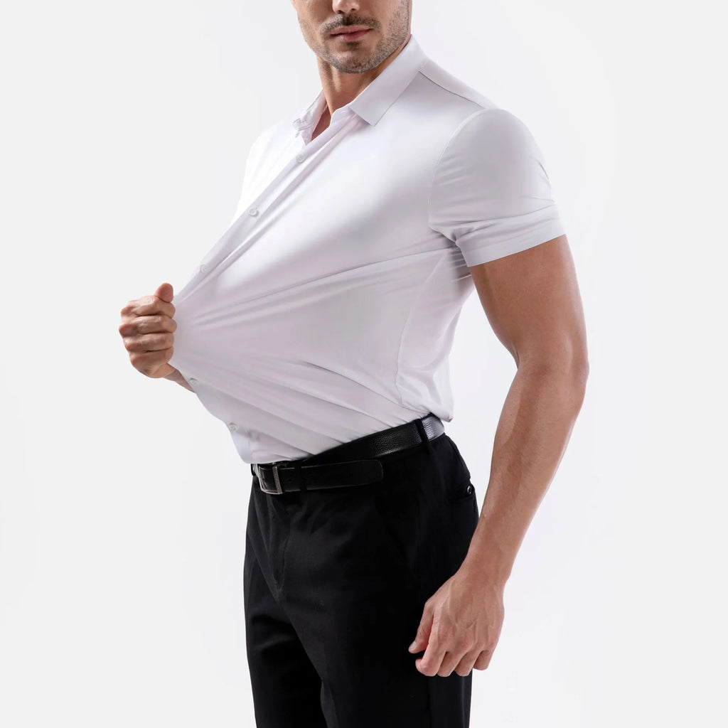 Men's short sleeve elastic shirt in cardigan style with non-ironing fabric