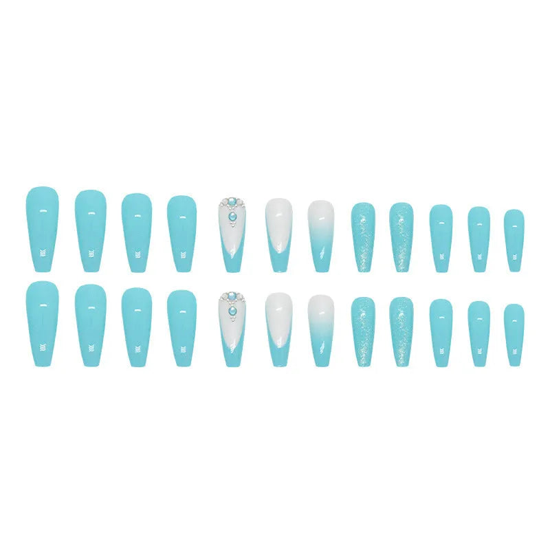 Long ballet shaped press-on nails with solid blue diamond glitter colour.