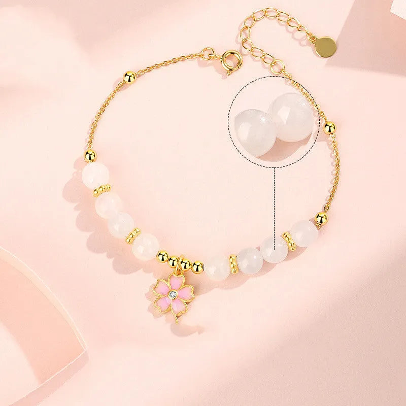 Women's pink bracelet with S925 silver cherry blossom pendant and Hetian jade beads