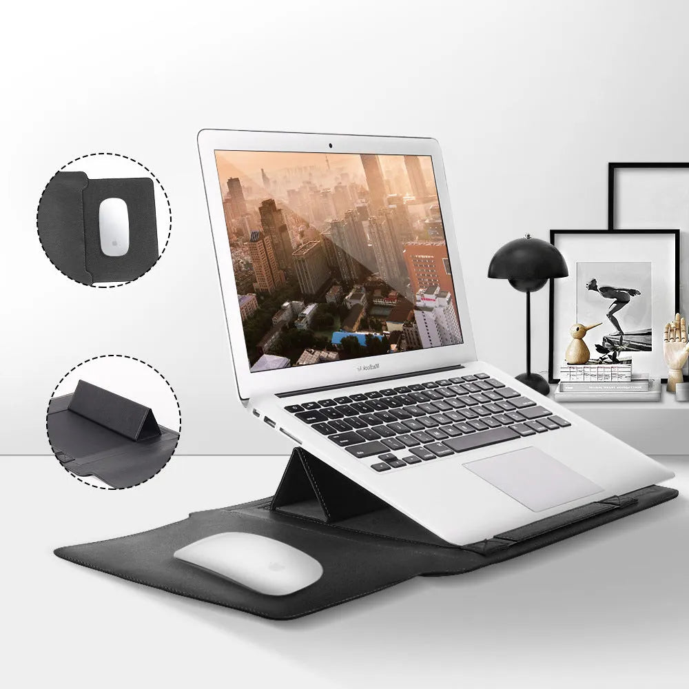 Notebook stand computer liner storage bag in imitation leather and microfiber, universal fit for 11 to 17 inch laptops, available in multiple colours