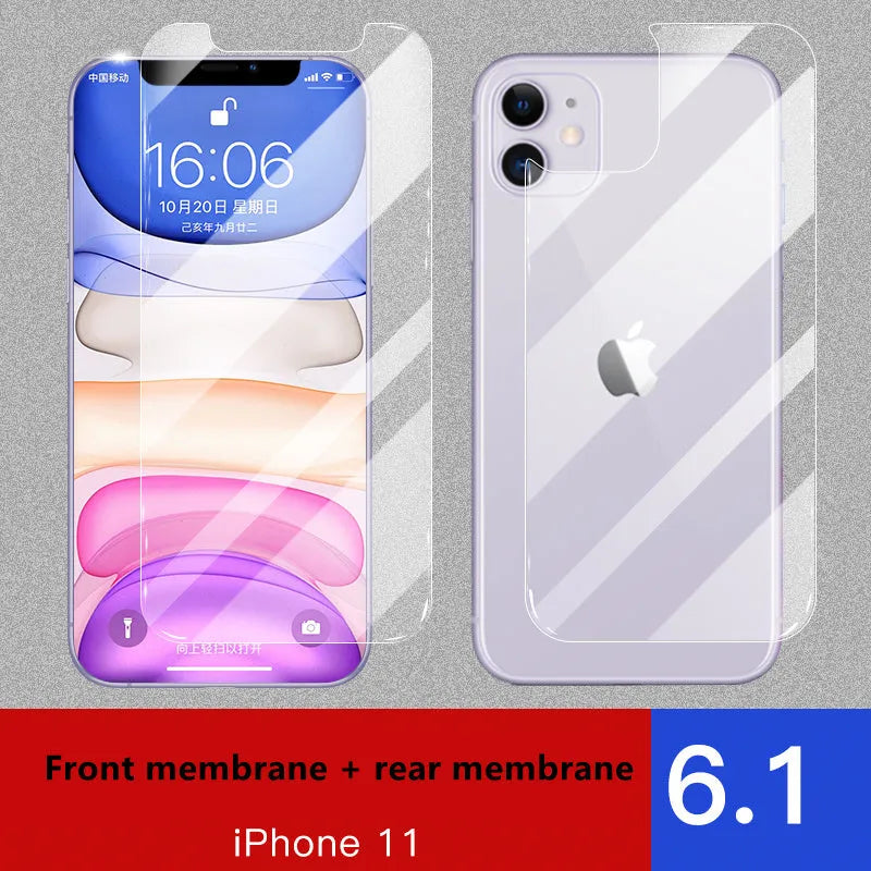 iPhone 11 Pro Max tempered glass screen protector with rear film and front film options.