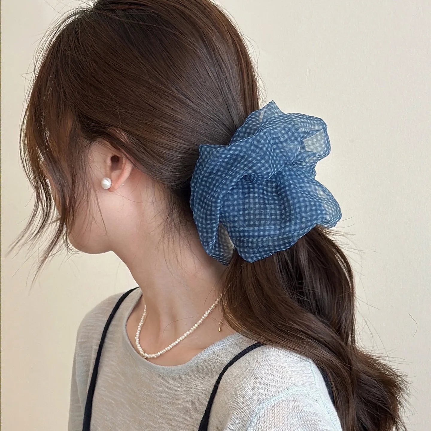 Handmade Tibetan blue grid seersucker back head shark clip hairpin for women irregular mixed material design