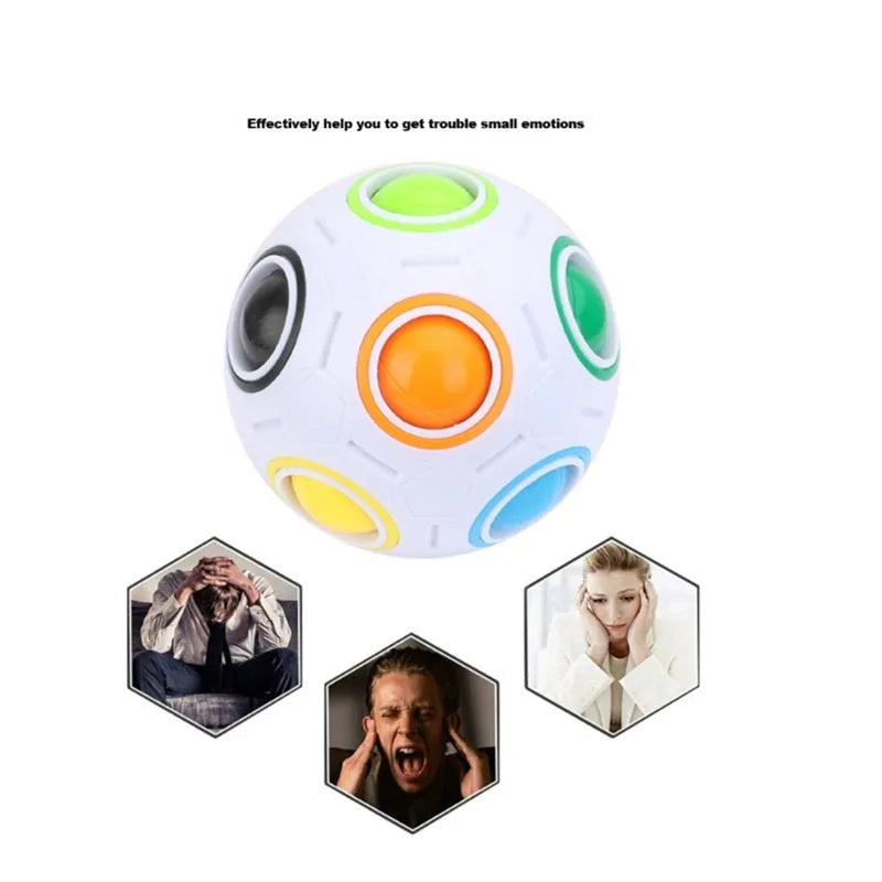 Rainbow coloured ball puzzle toy showing 11 moveable balls inside 7cm plastic sphere