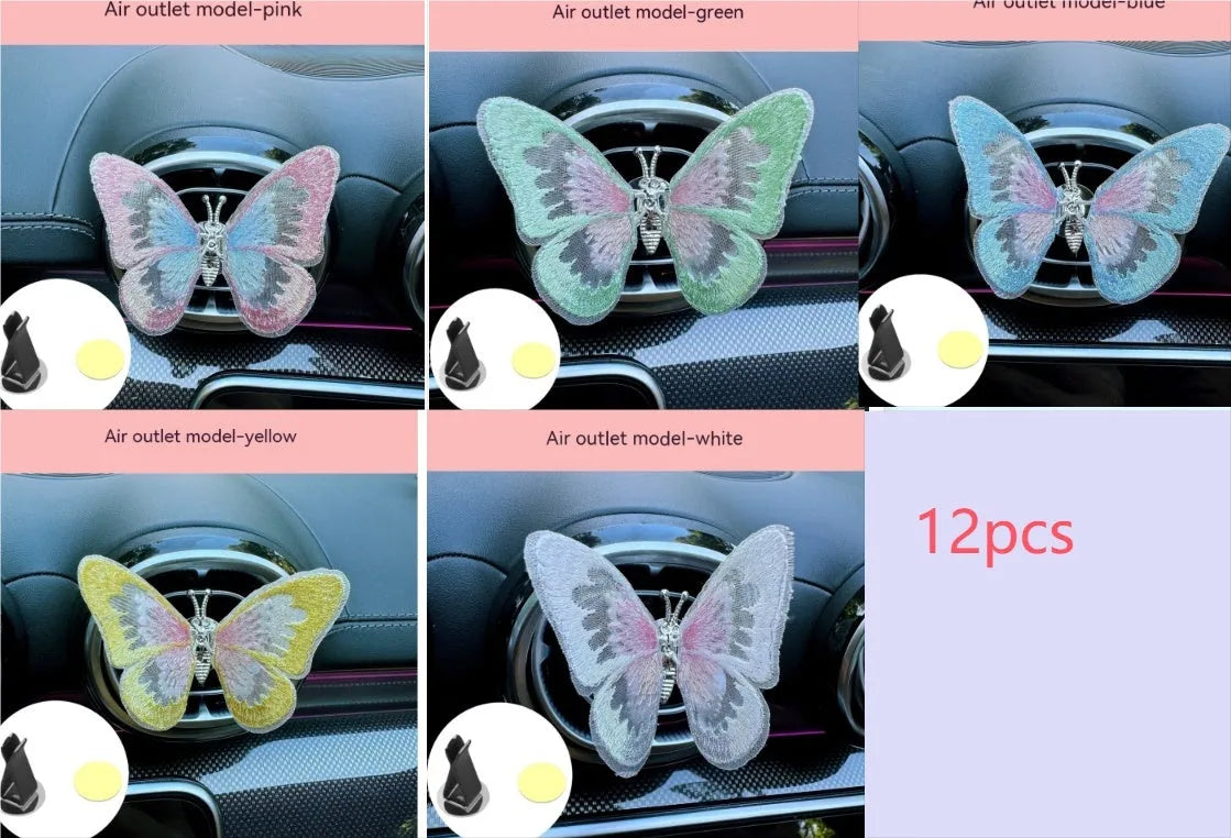 Fabric butterfly car air vent decoration in multiple colours, showing clip and paste fitting options.