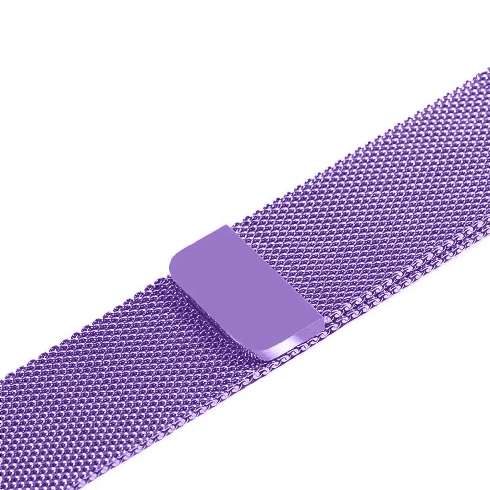 Stainless steel watch strap in silver, shown next to black, gold, and rose gold colour options.