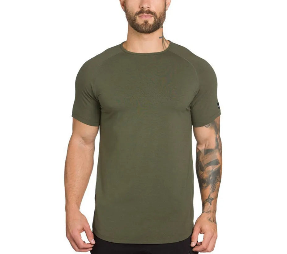 Custom mens fitness sports shirt in cotton-spandex blend, showing colour options: Army Green, Black, and White, some with a letter print.
