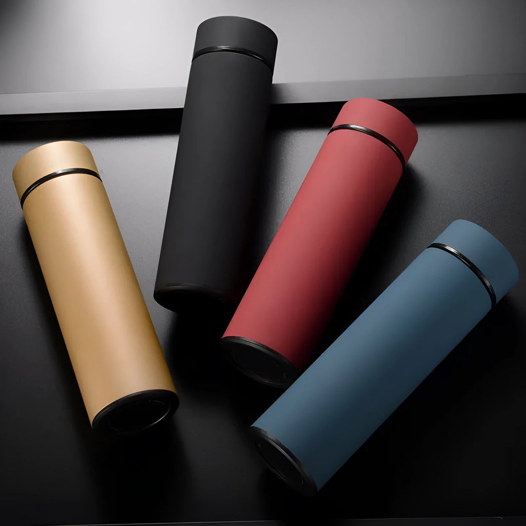 450ml stainless steel vacuum water bottle with arrow mouth in black, red, gold, and blue colour options.
