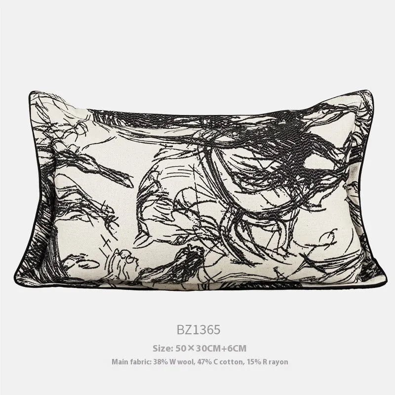 Abstract golden horse design decorative jacquard cushion on a grey sofa.
