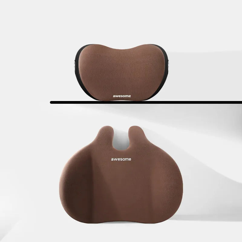 Black cloth headrest pillow and matching lumbar support pillow for car seats.