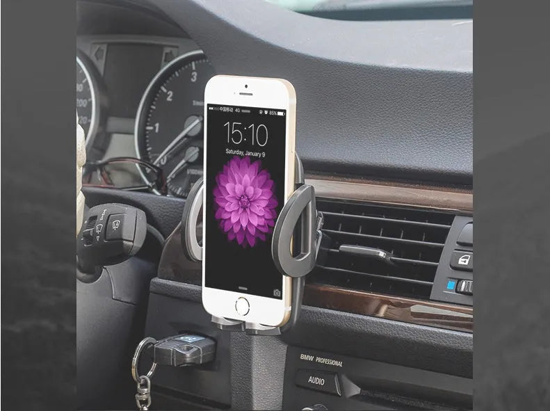 Black ABS plastic car air vent phone holder with adjustable gooseneck arm and universal phone clamp