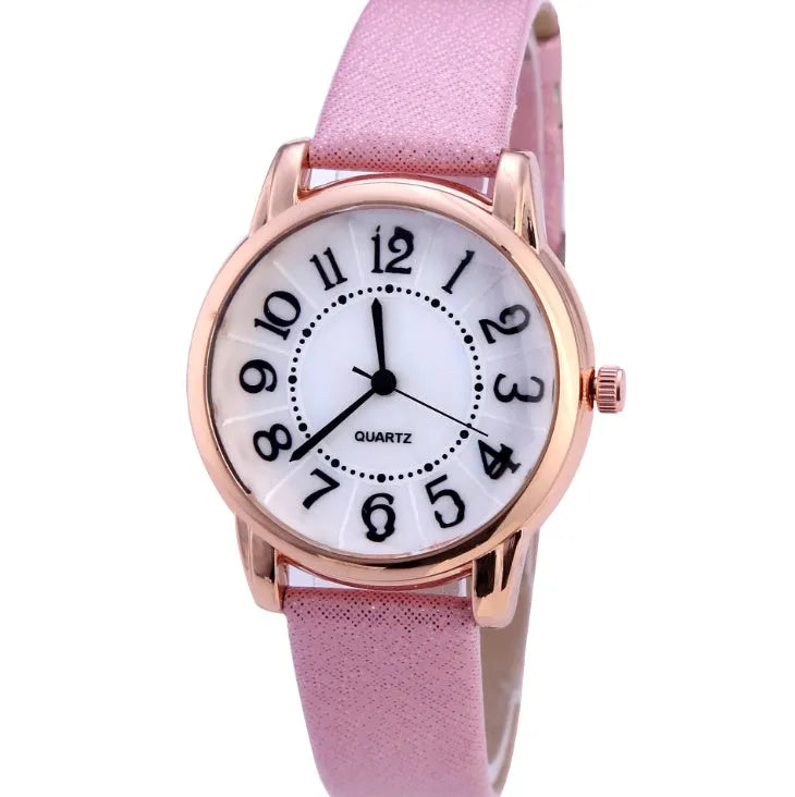 Women's simple dial quartz watch with leather strap in 28mm case, available in multiple colours