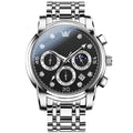 Men's quartz watch with circular alloy case, 42mm dial, glow and calendar features, on black interband strap