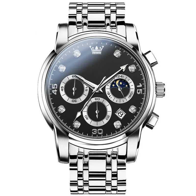 Men's quartz watch with circular alloy case, 42mm dial, glow and calendar features, on black interband strap