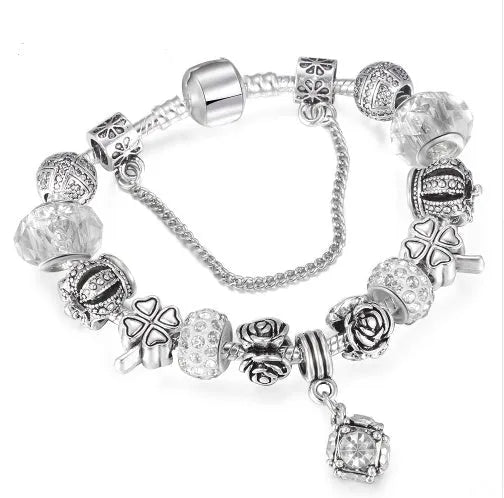 Multi-strand beaded bracelet with alloy, glazed, and crystal beads in six colour options and 18-21cm lengths