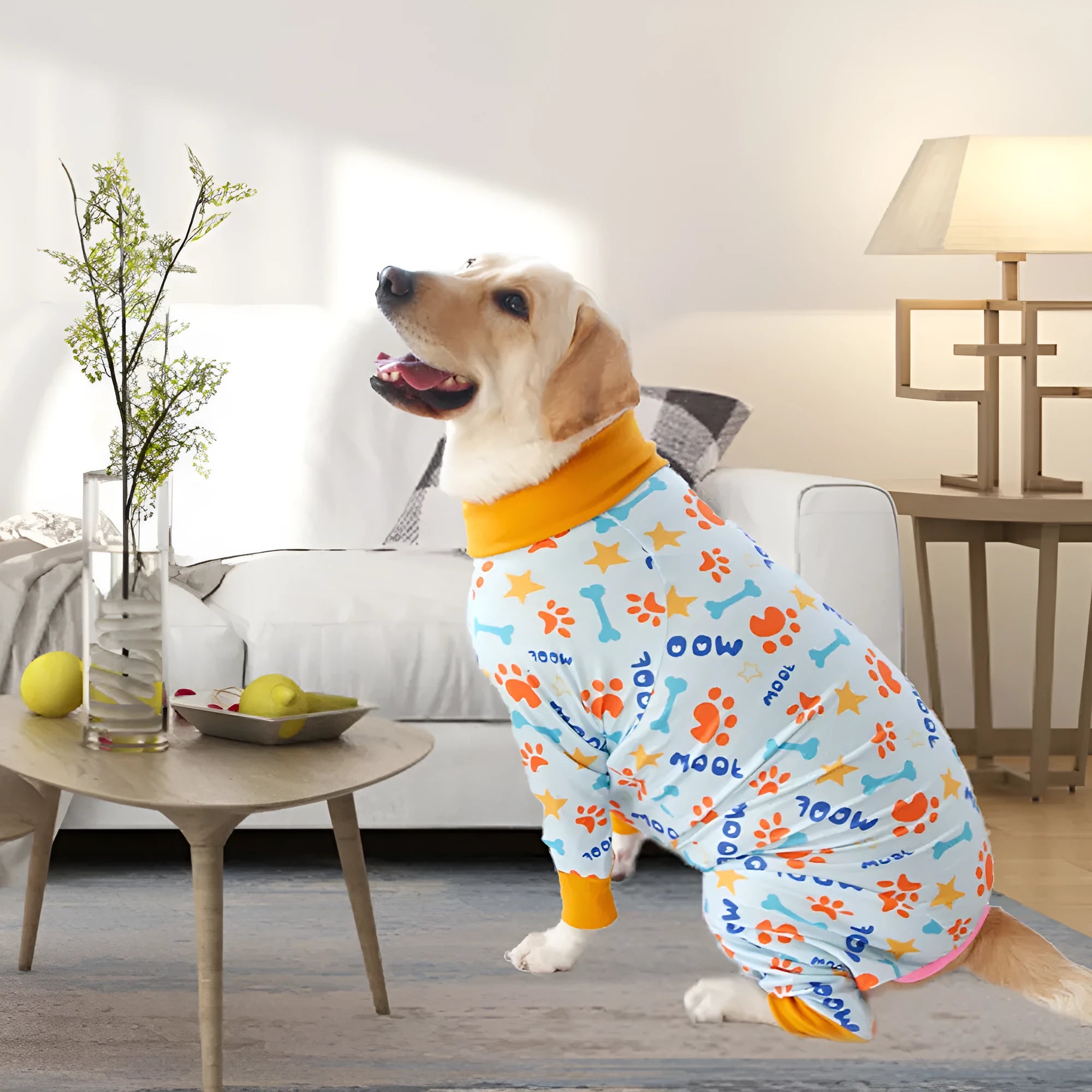 Cotton four-legged dog jumpsuit with colourful print pattern on small dog