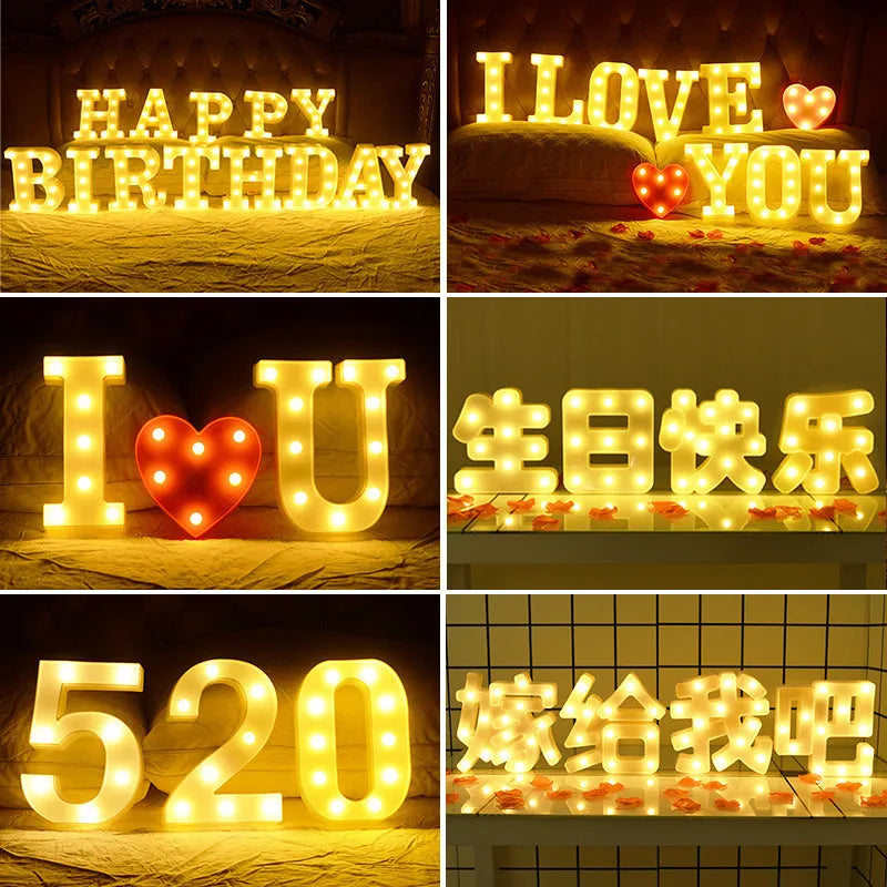 Plastic LED alphabet letter lights for birthday and proposal decorations measuring 22cm height