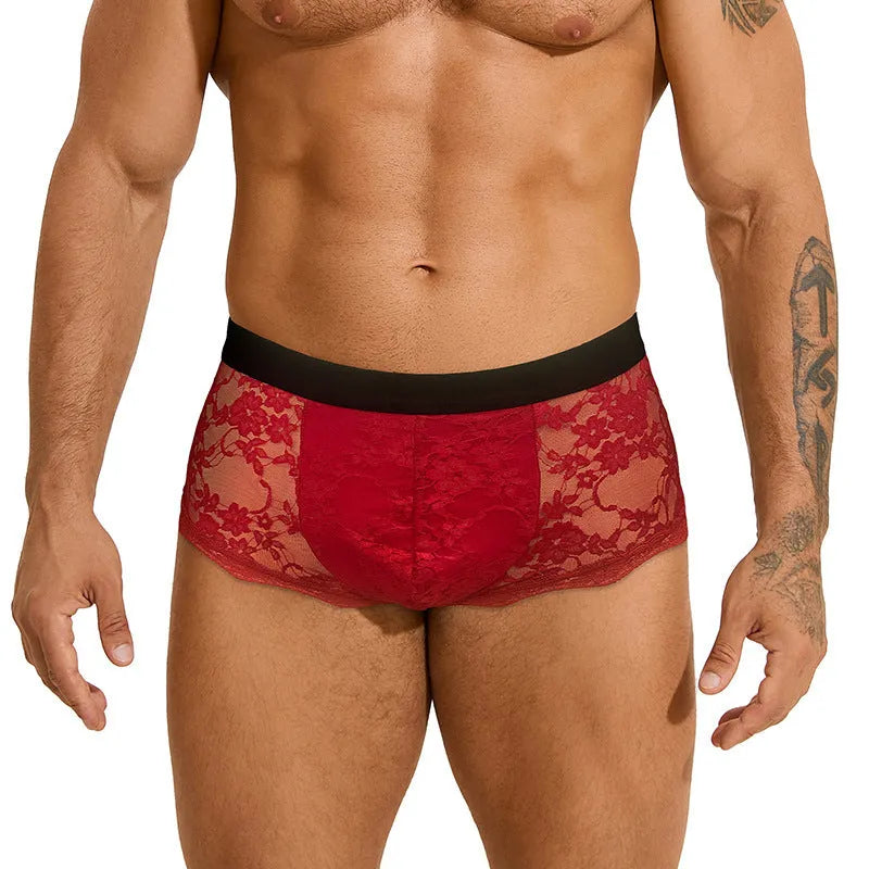 Men's black lace briefs with hollow-out see-through panels on a grey background.
