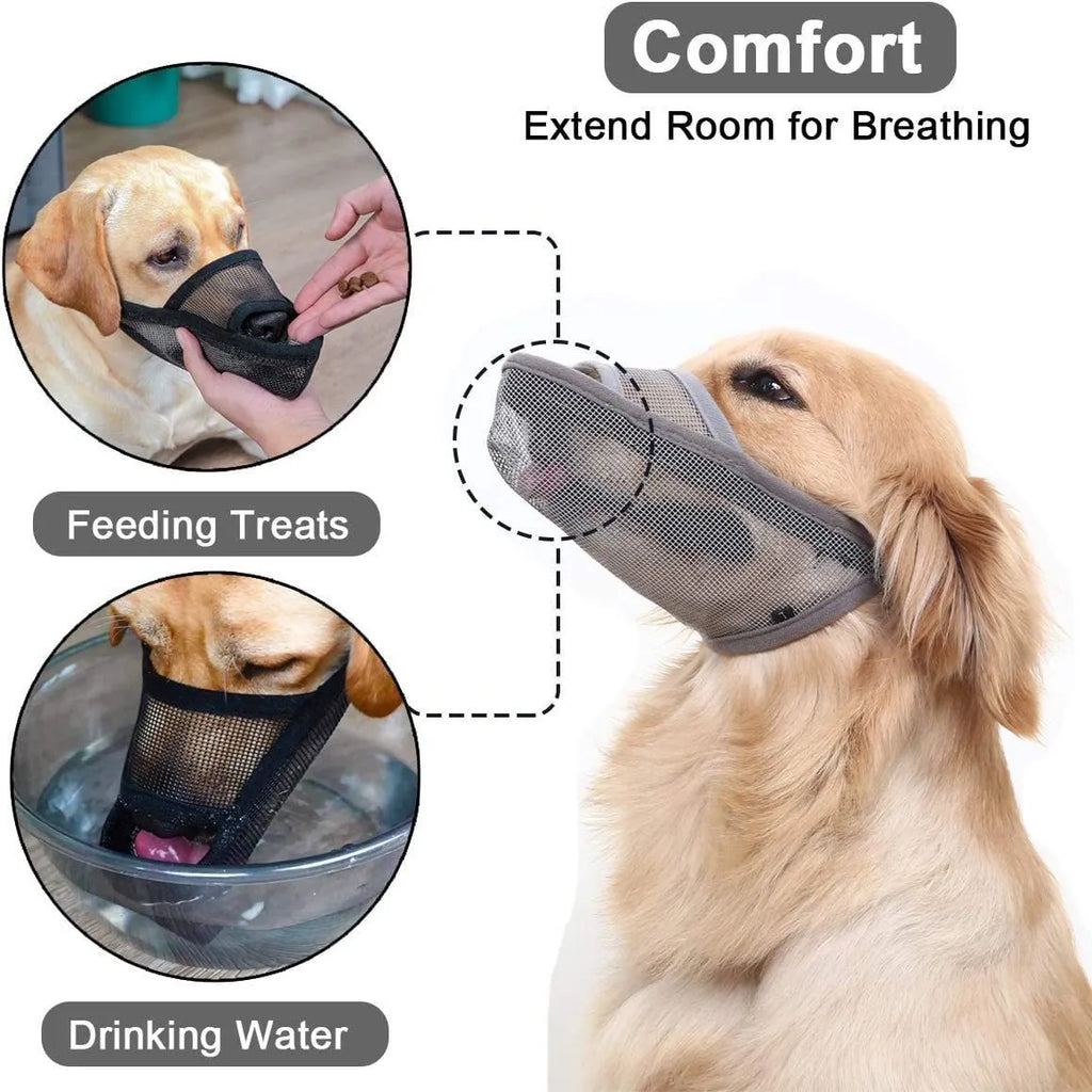 Breathable mesh dog muzzle in black with adjustable fit, showing front view on a neutral background