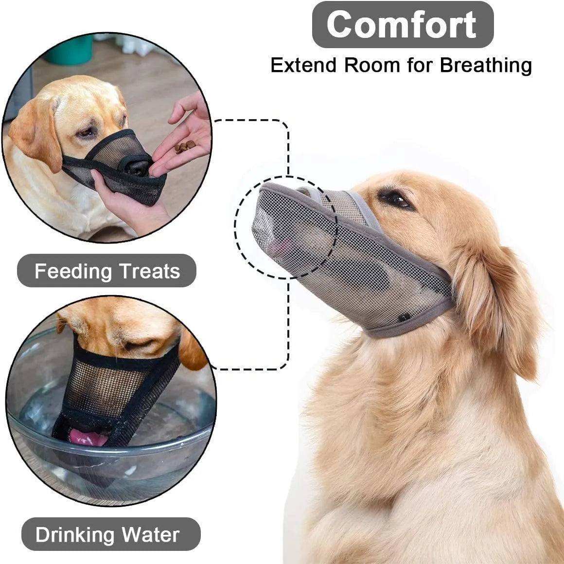 Breathable mesh dog muzzle in black with adjustable fit, showing front view on a neutral background
