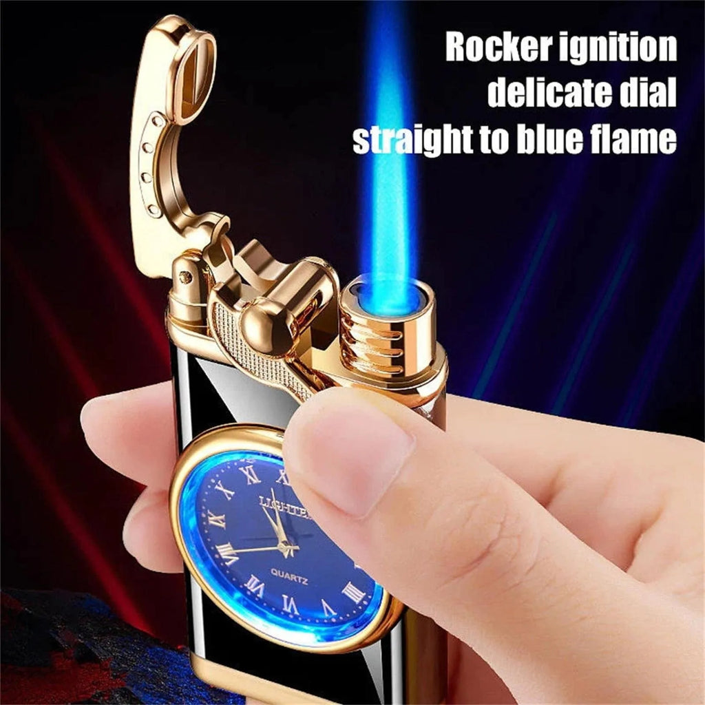 Men's wristwatch lighter with electric ignition and adjustable blue flame on zinc alloy case