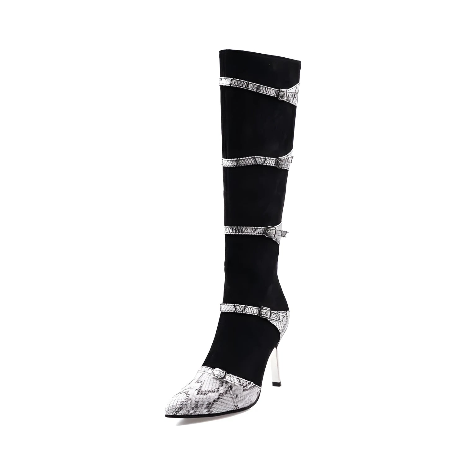 Women's grey knee high boots with thin stiletto heel and velvet lining