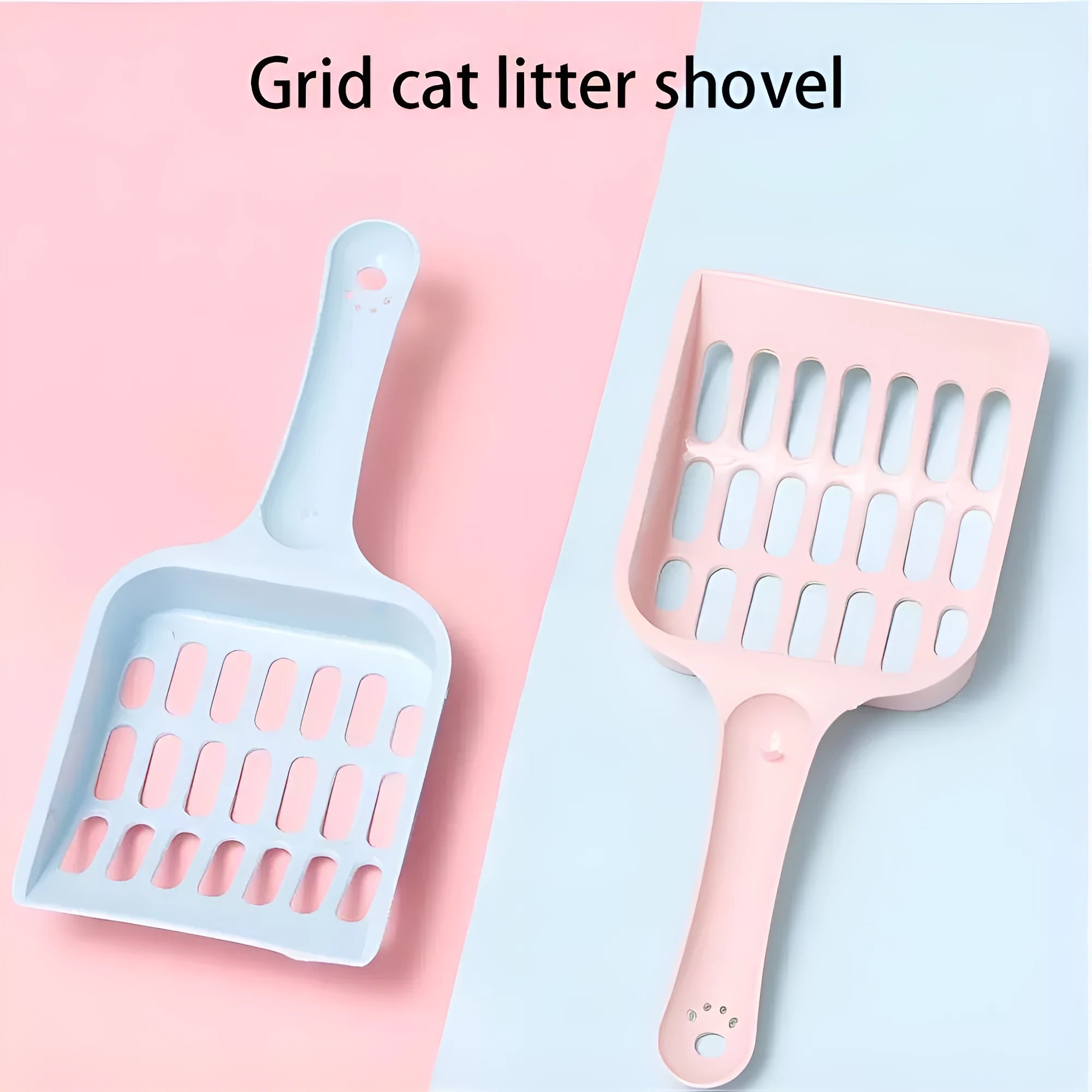 Plastic cat litter scoop in blue, green or pink colours measuring 20cm length