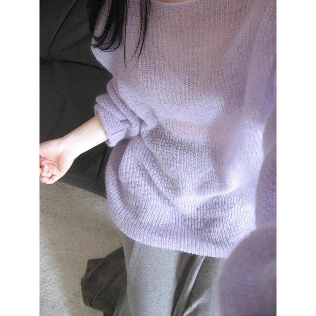 Purple women's sleeveless sweater with round neck and hollow-out pattern in ice silk fabric