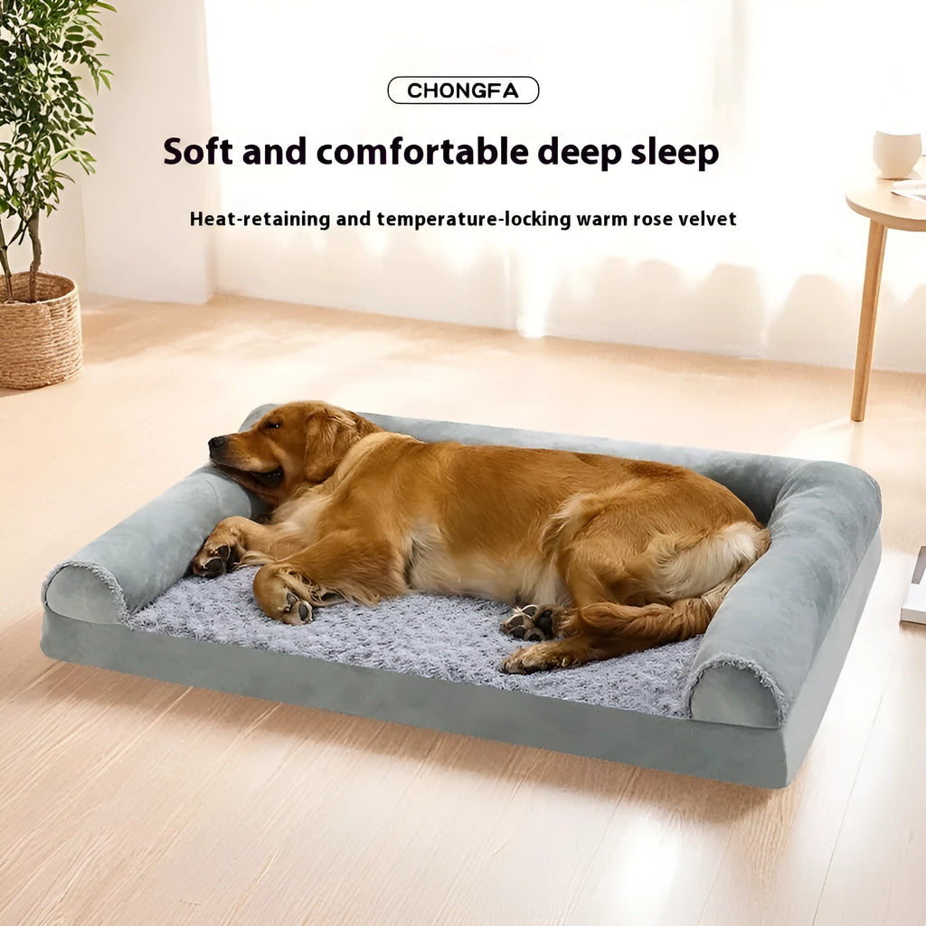 Light grey cloth dog kennel with padded base and raised sides, shown with a large dog resting inside.